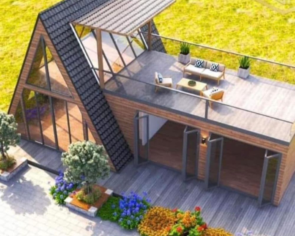 Nhà lắp ghép 70m2 mái A độc đáo, có sân thượng thư giãn