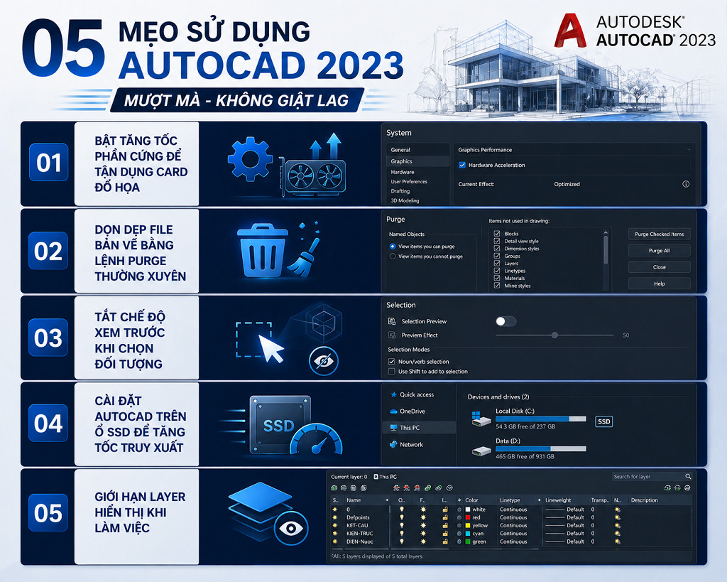Mẹo tối ưu hóa hiệu suất AutoCAD 2023 giúp bản vẽ mượt mà hơn