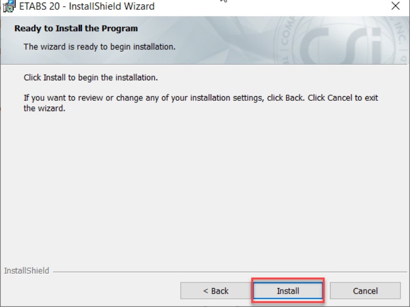 Nhấn Install để bắt đầu cài ETABS 2020