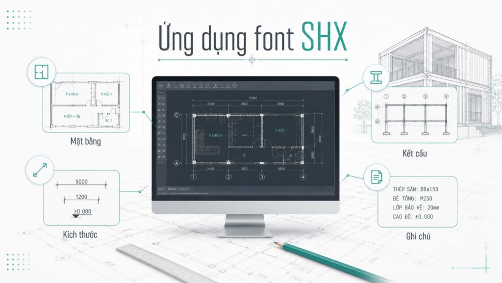Font SHX được dùng rộng rãi trong bản vẽ kiến trúc, kết cấu và MEP Font SHX được dùng rộng rãi trong bản vẽ kiến trúc, kết cấu và MEP